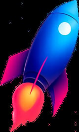Blue rocket with illuminated window blasting off against gradient pink and purple background with glowing flame exhaust