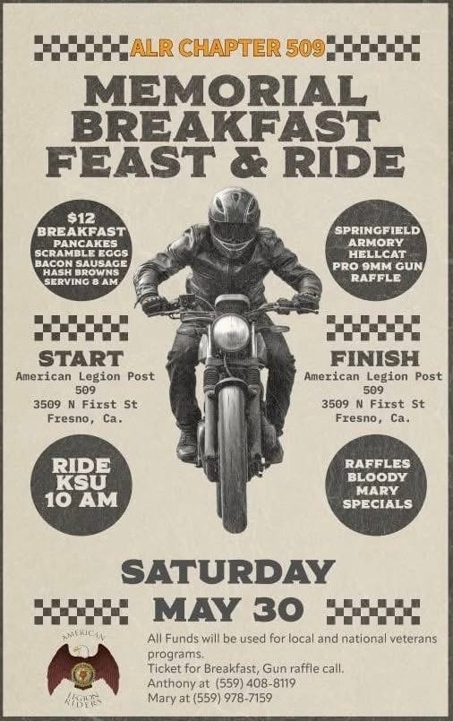 Vintage poster for ALR Chapter 509 Memorial Breakfast Feast and Ride event featuring a motorcyclist, scheduled for Saturday May 30, starting at American Legion Post 509 in Fresno