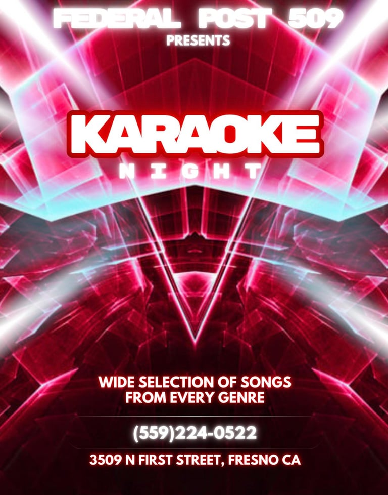Neon karaoke night flyer with pink and blue geometric design, contact details and venue address for Fresno CA