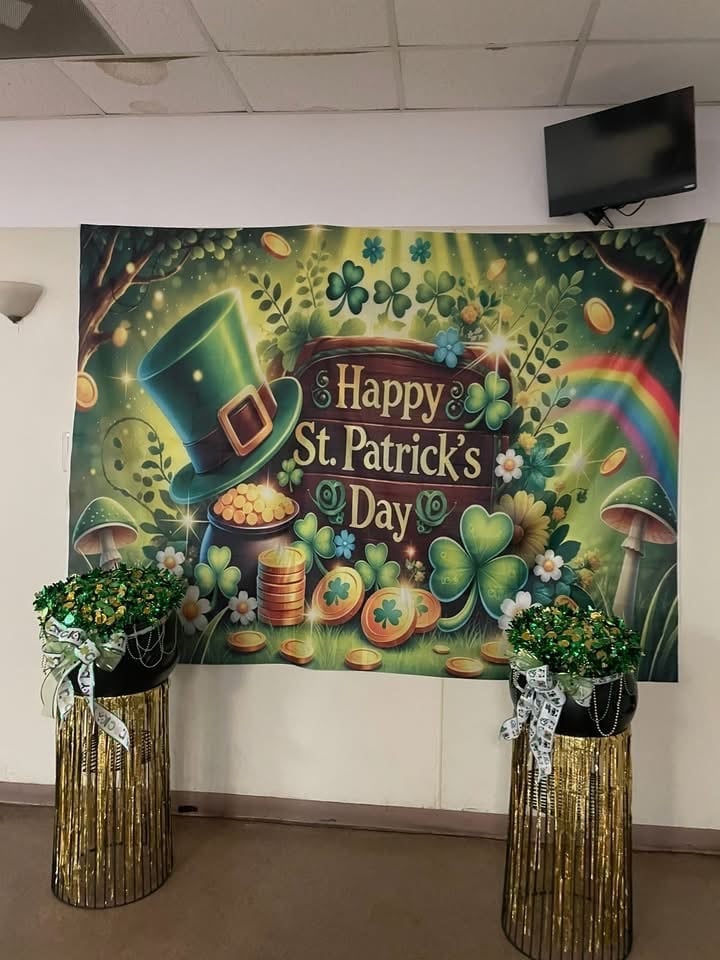 St Patricks Day banner with festive decorations including leprechaun hat, clovers, coins, and decorative potted plants on either side